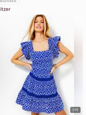 Lilly Pulitzer Royal Blue Printed Ruffle-Sleeve Mini Dress